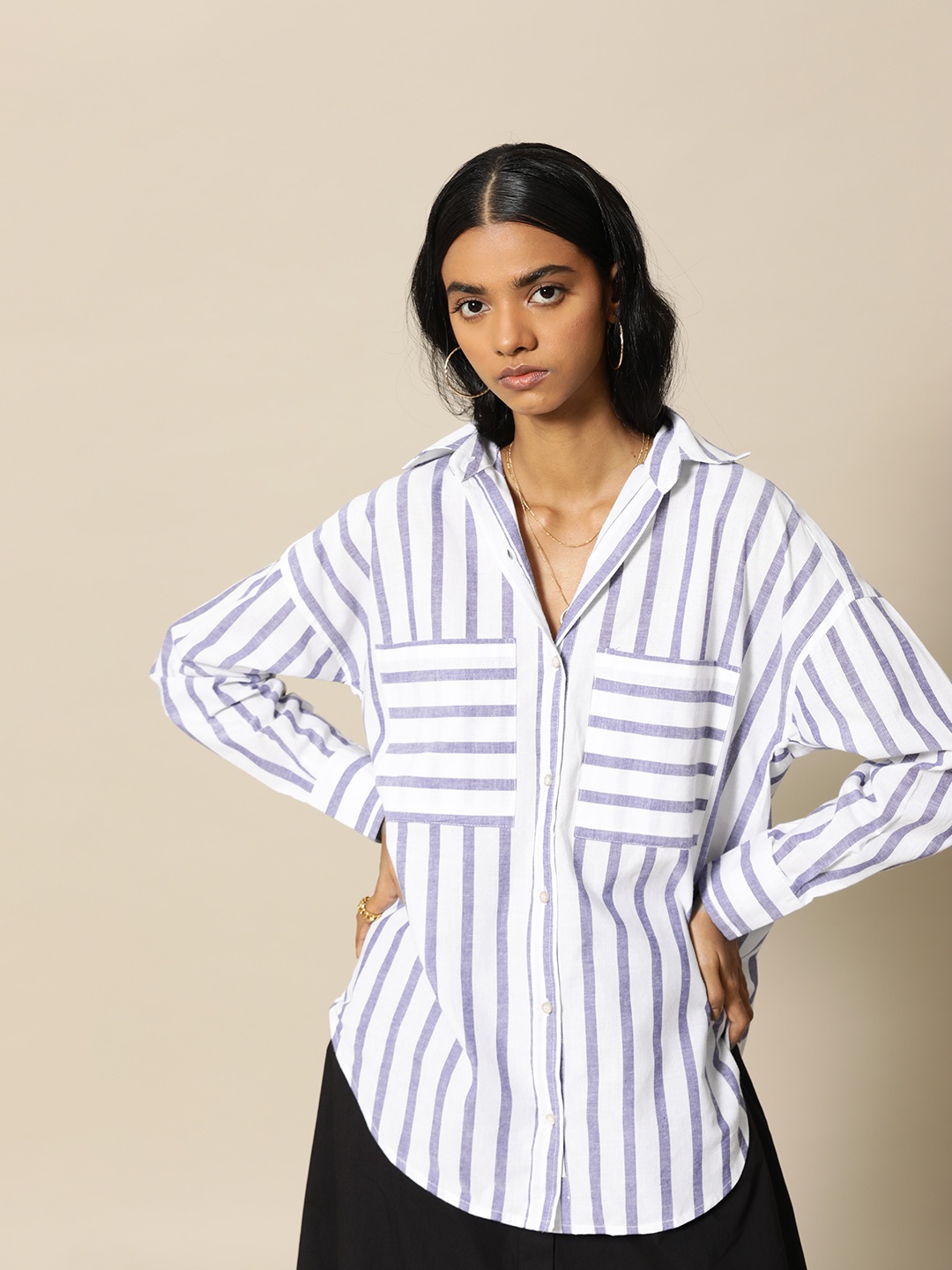 

BOWER Women White & Navy Blue Striped Woven Cotton Casual Shirt with Pockets