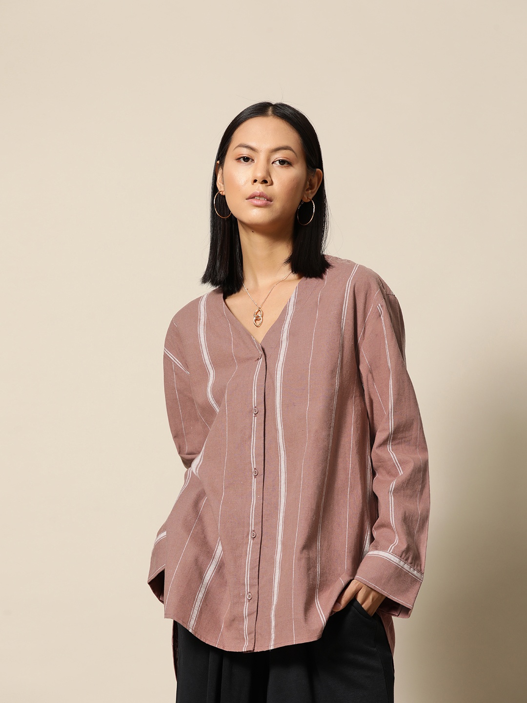 

BOWER Women Linen Cotton Woven Striped Collarless Shirt, Mauve