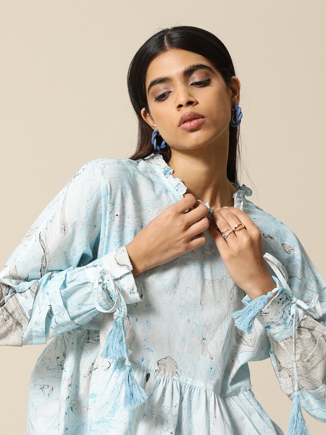 

BOWER Blue Printed Pure Cotton Extended Sleeves Longline Top with Tassels