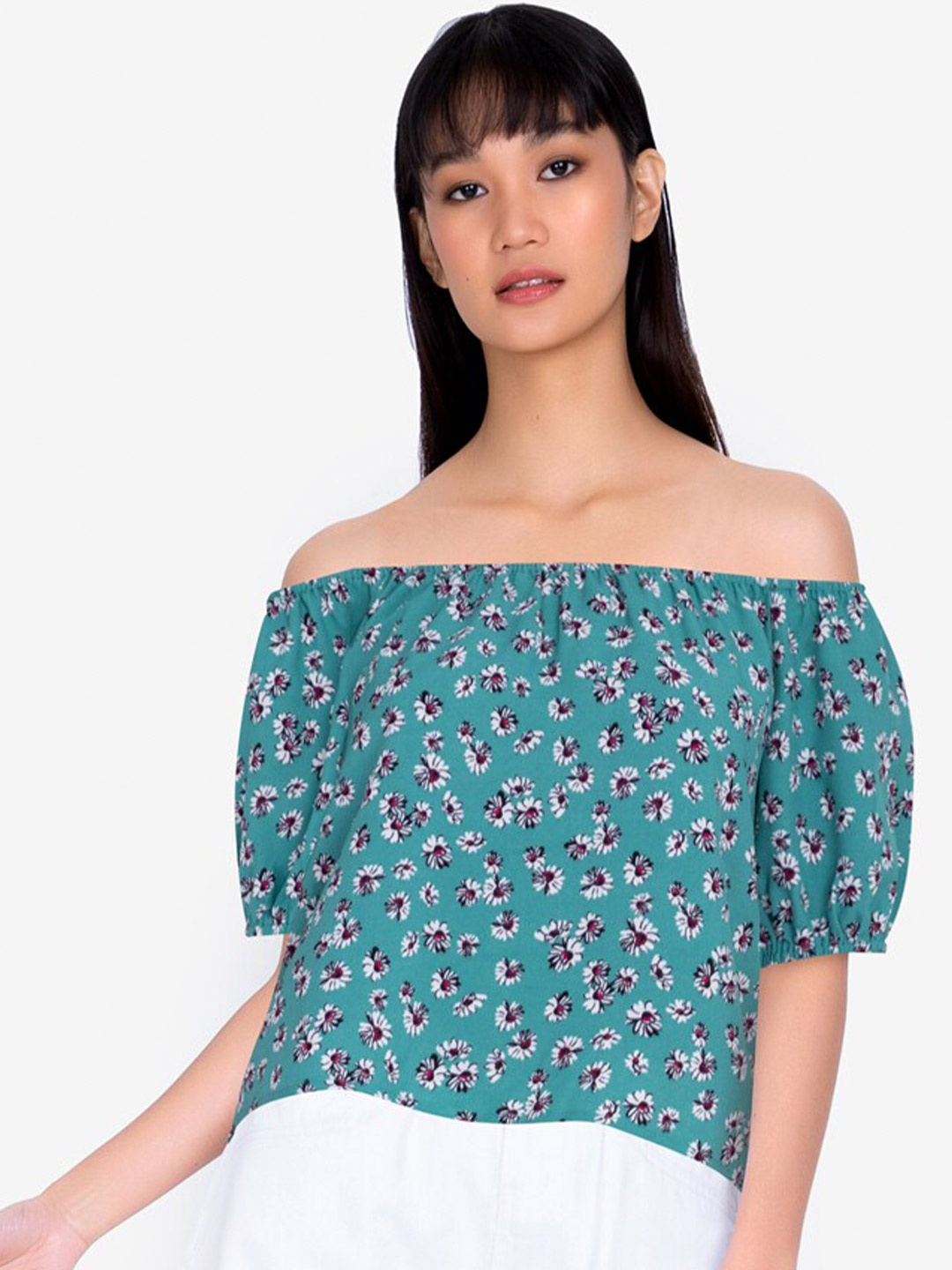 

ZALORA BASICS Women Teal & White Floral Print Off-Shoulder Bardot Top