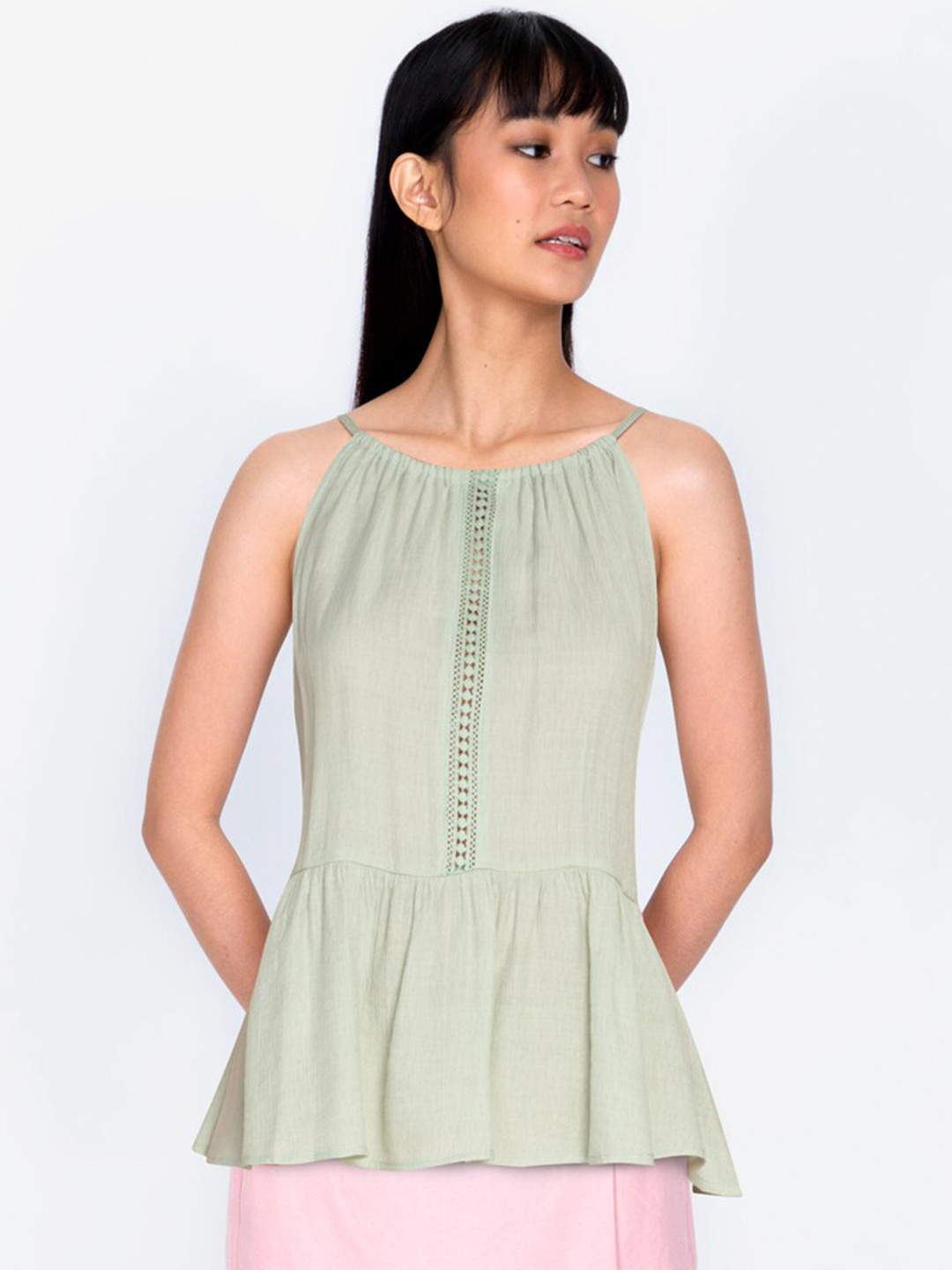 

ZALORA BASICS Women Green Sleeveless Lace Trim Top