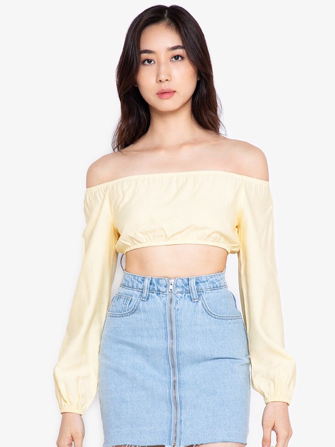 

ZALORA BASICS Women Yellow Off-Shoulder Bardot Crop Top