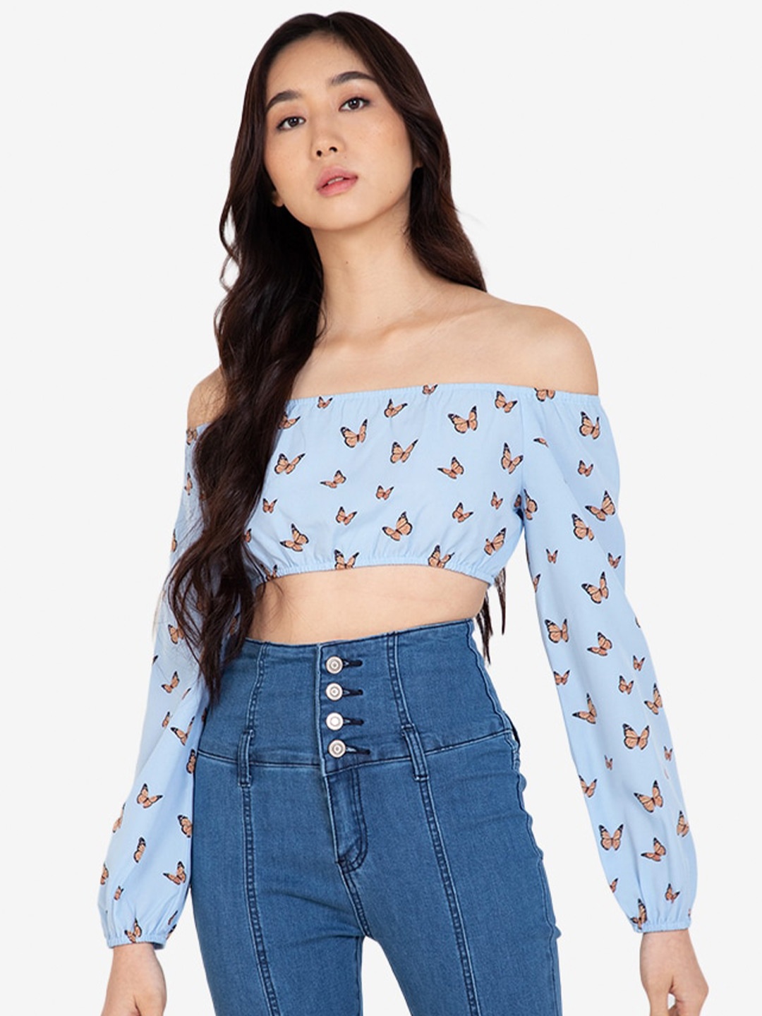 

ZALORA BASICS Blue & Brown Butterfly Print Off-Shoulder Bardot Crop Top