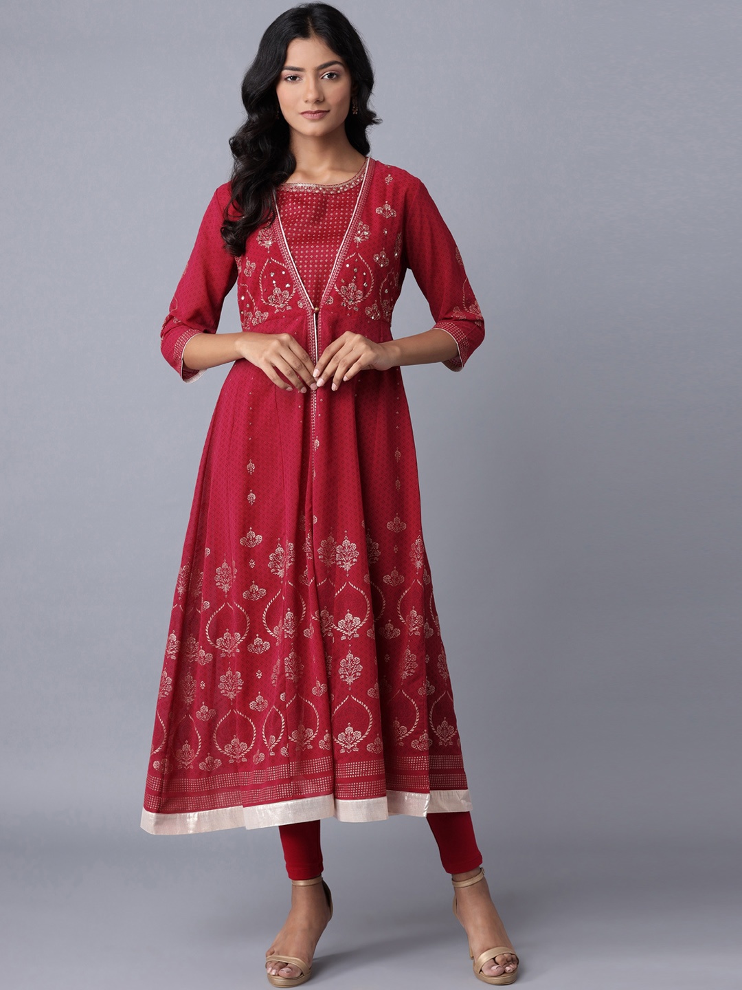 

W Women Red Ethnic Motifs Printed Layered Sequinned Kurta