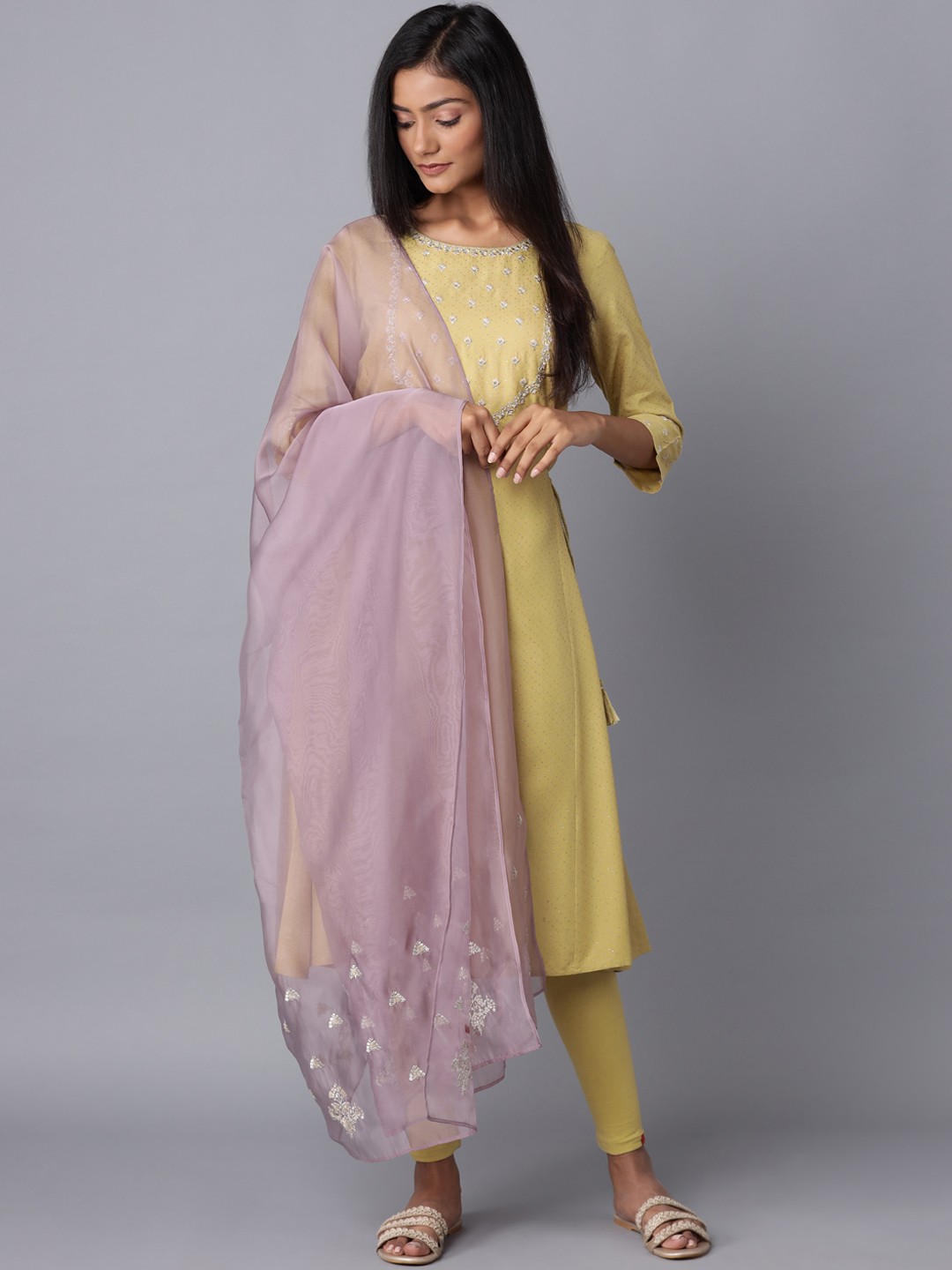 

W Women Green Yoke Design Empire Thread Work Kurta With Churidar & With Dupatta