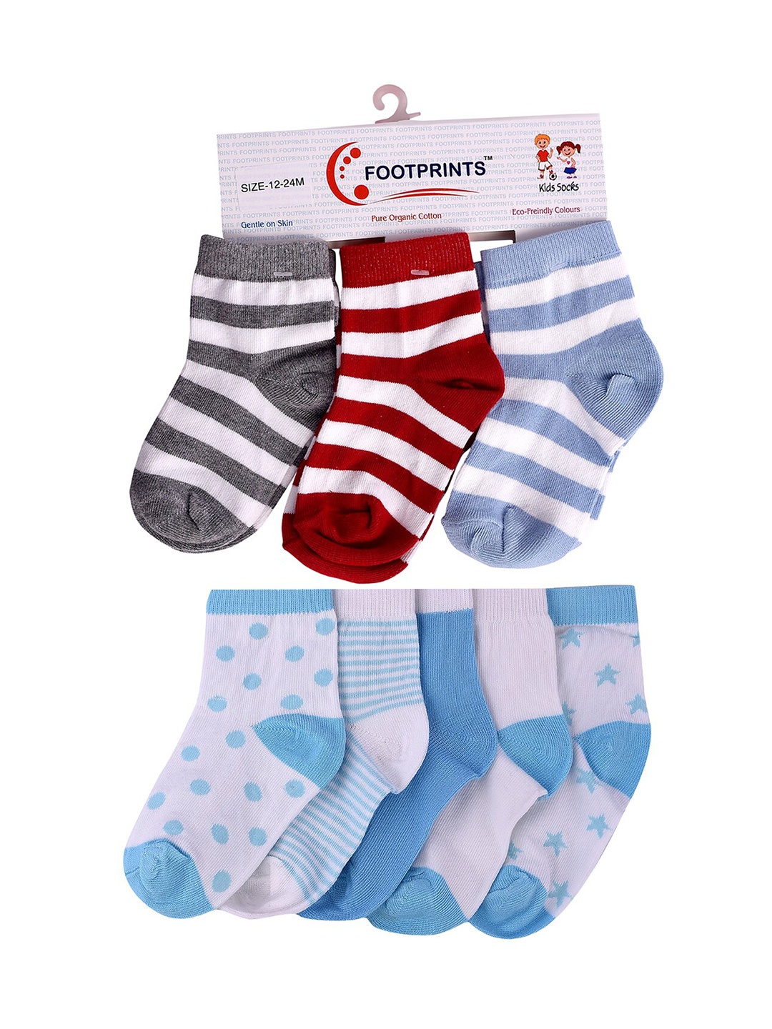 

FOOTPRINT 8 Pairs Infant Kids Patterned Ankle-Length Organic Cotton Socks, White