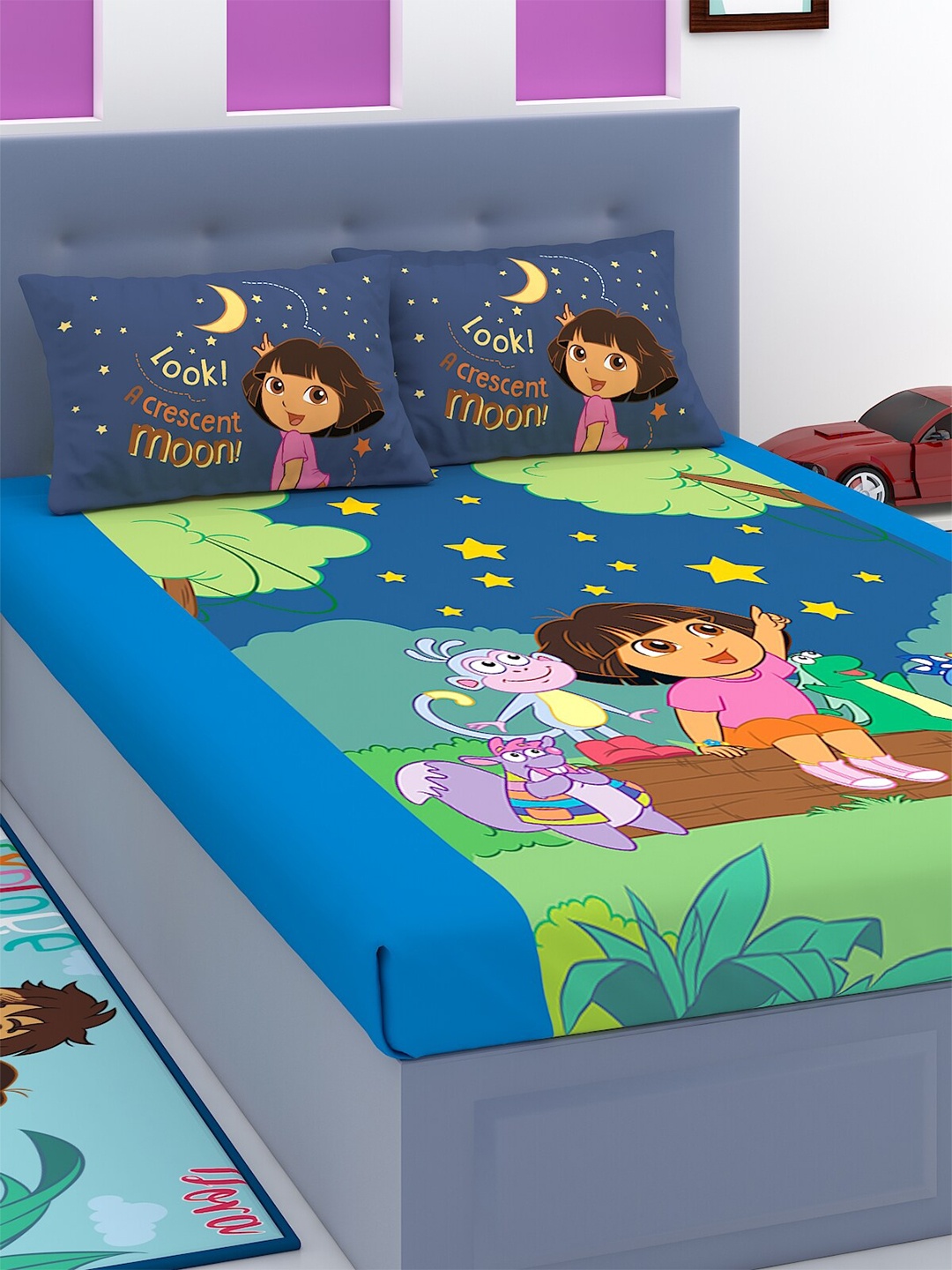 

Dora Green & Blue Dora The Explorer 180 TC King Bedsheet with 2 Pillow Covers