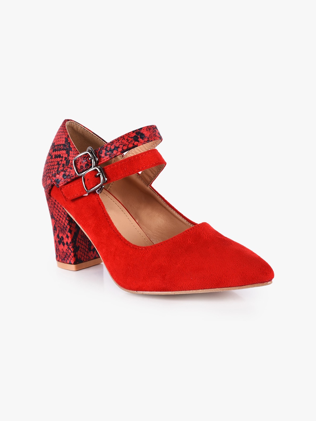 

BuckleUp Red Solid Block Pumps