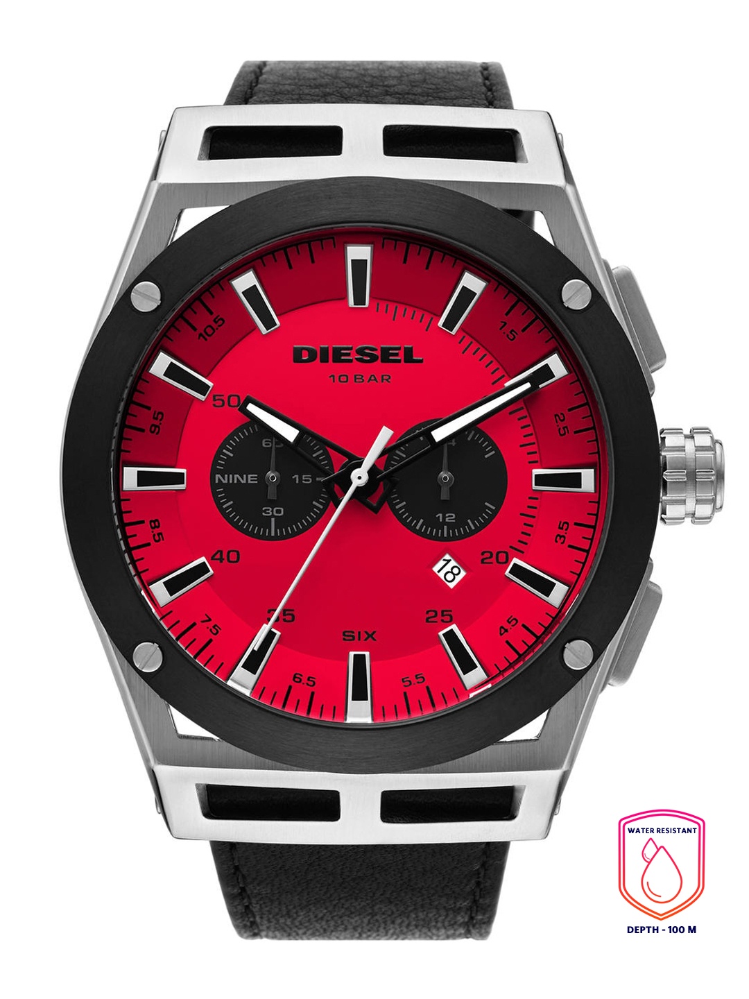 

DIESEL Men Red Dial & Black Leather Straps Analogue Watch DZ4591