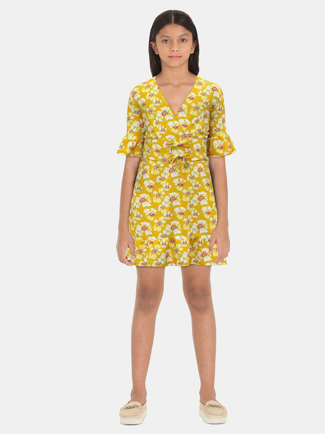 

SUGR Girl Yellow & Cream-Coloured Floral Printed Dress