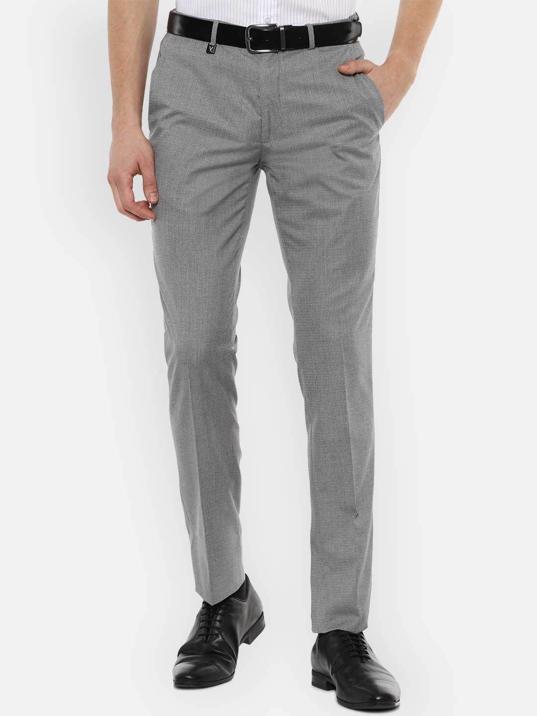 

V Dot Men Grey Striped Slim Fit Formal Trousers
