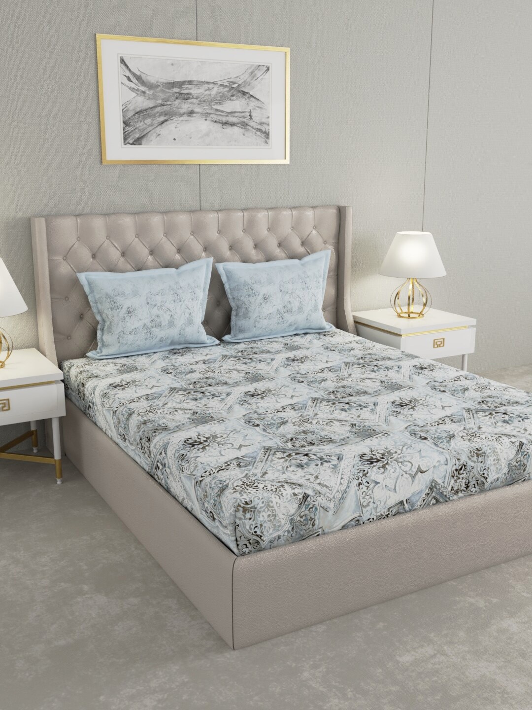 

Trident Blue & Grey 210 TC King Graphic Bed Sheet with 2 Pillow Covers