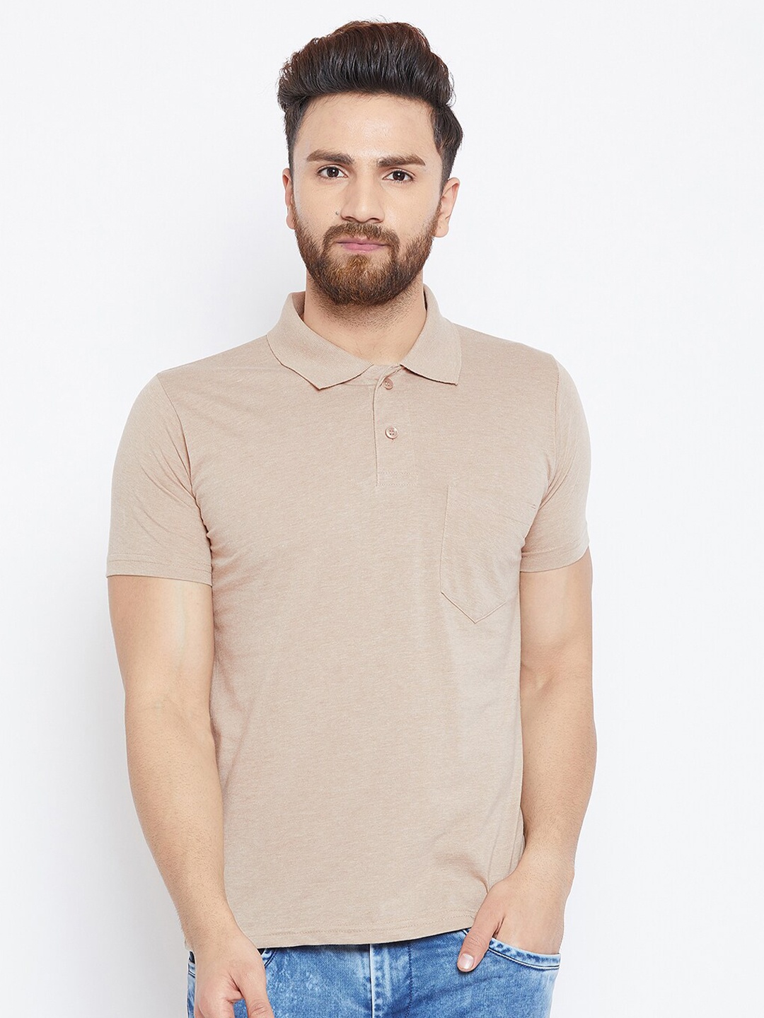 

Camey Men Cream-Coloured Polo Collar Pockets Half Sleeve T-shirt