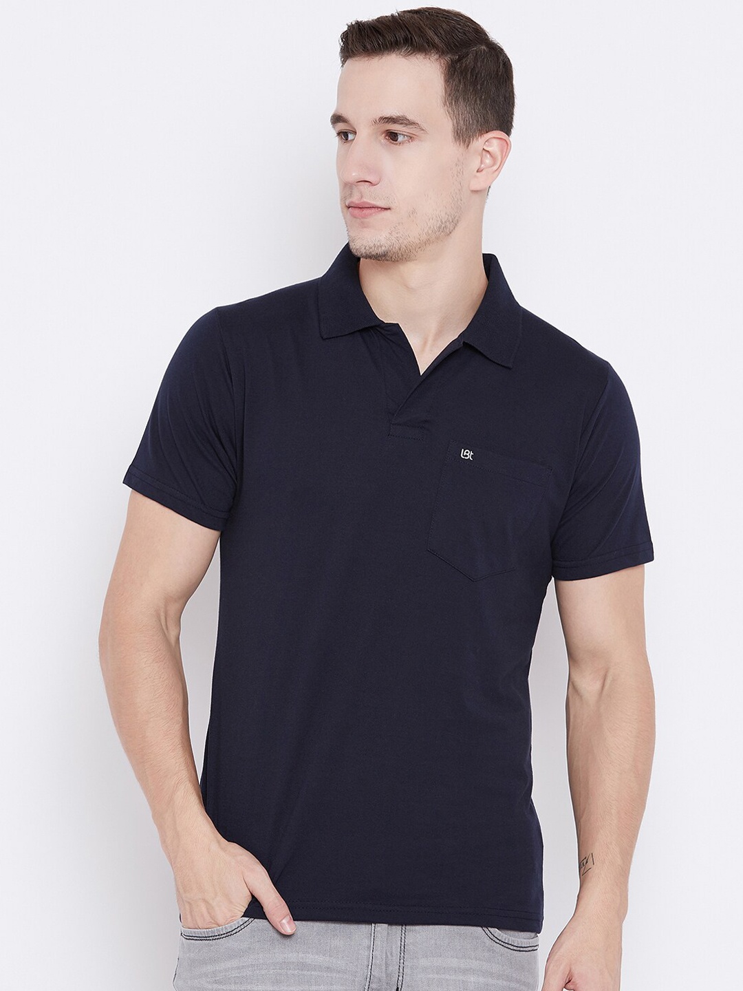 

Camey Men Navy Blue Polo Collar Pockets Cotton T-shirt