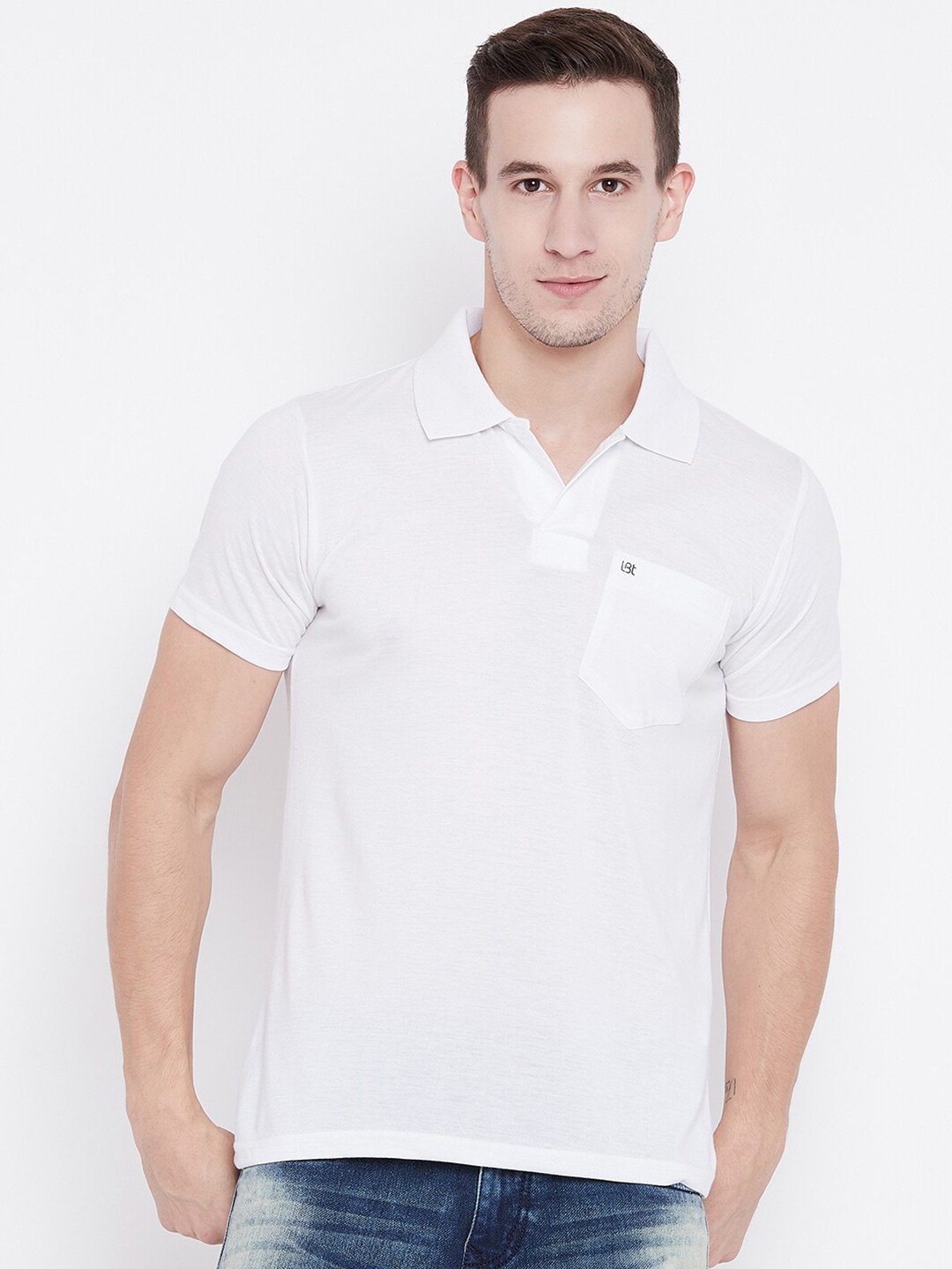 

Camey Men White Solid Polo Collar Pockets T-shirt