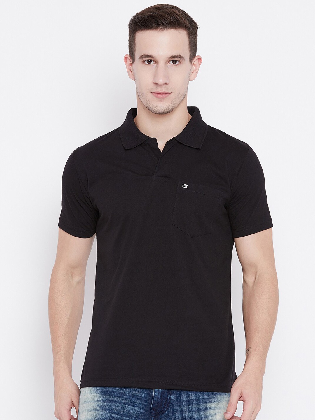 

Camey Men Black Polo Collar Pockets T-shirt
