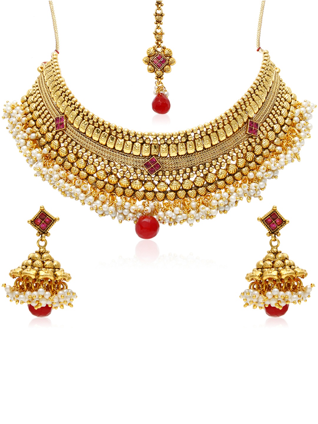 

Jewels Galaxy Gold-Plated & Red Stone Studded Jewellery Set