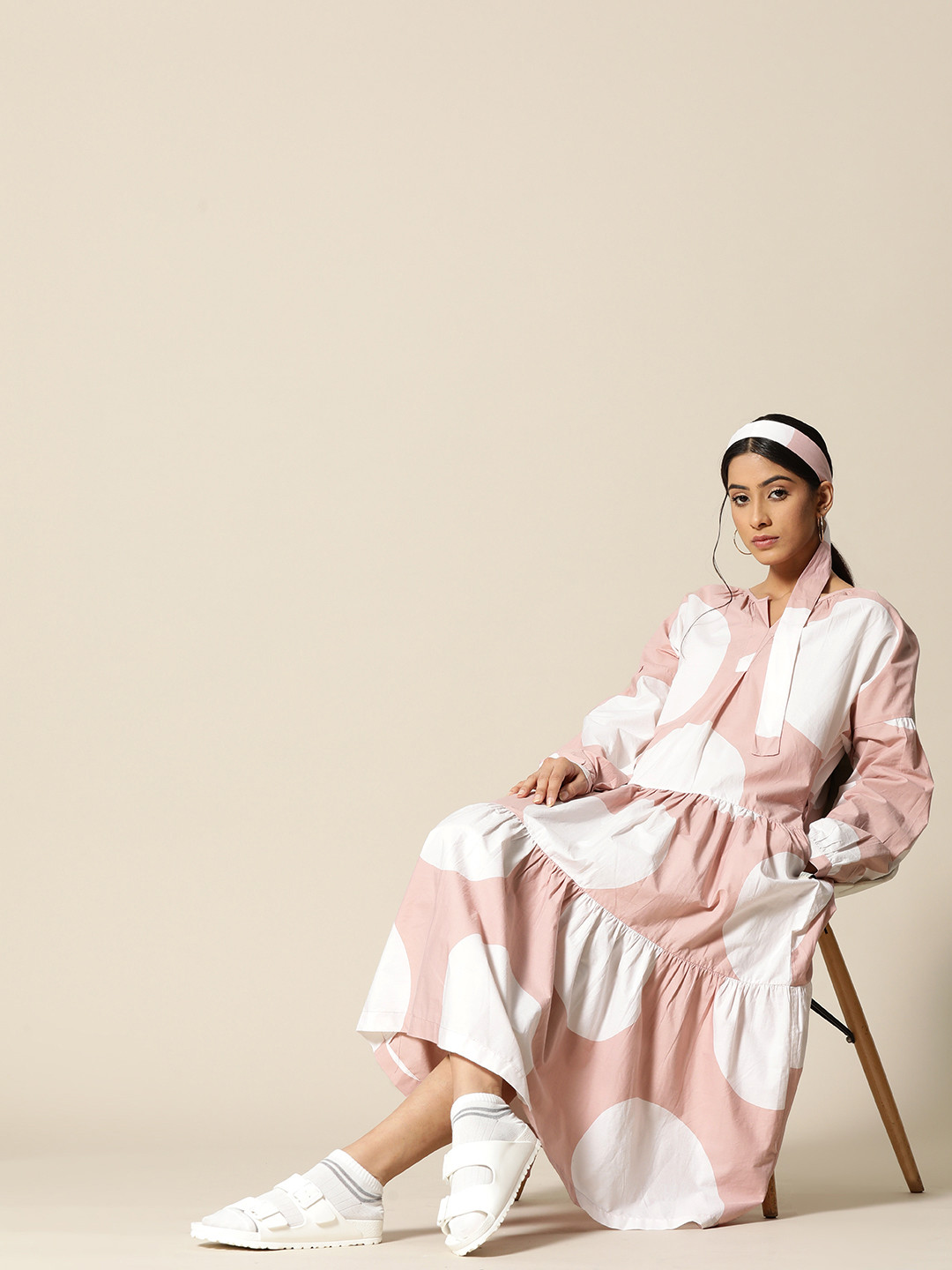 

BOWER Dusty Pink & White Geometric Printed Tiered Pure Cotton A-Line Midi Dress, Rose