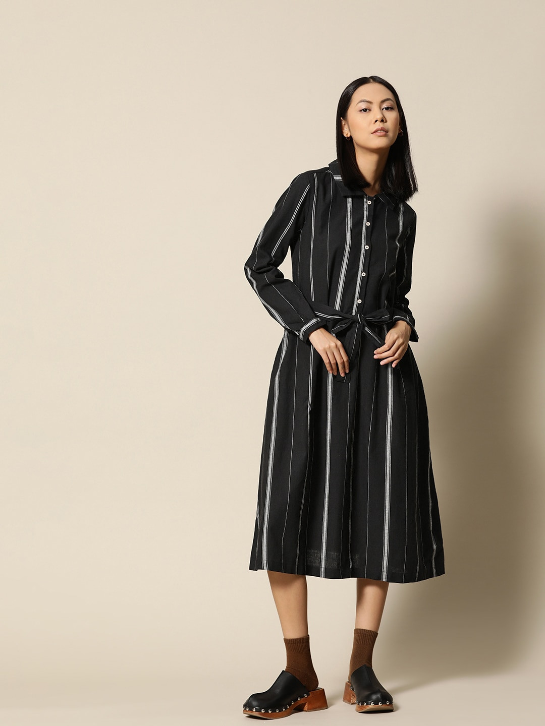 

BOWER Black & White Linen Cotton Striped Half Placket Mid Shirt Dress