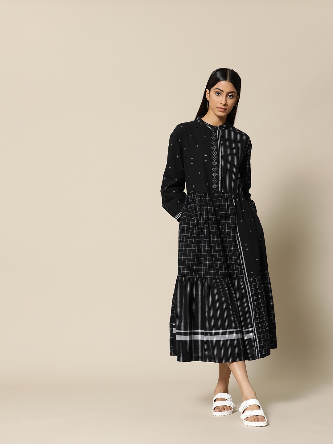 

BOWER Black & White Cotton Dobby Patchwork A-Line Midi Dress