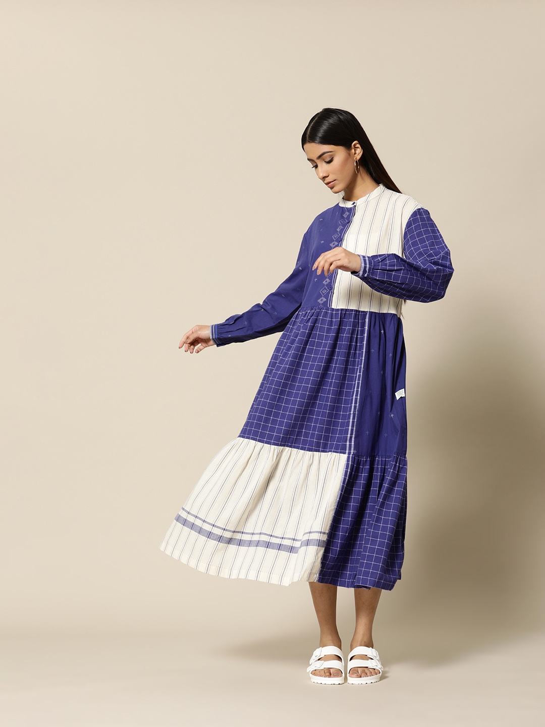 

BOWER Navy Blue & Ecru Cotton Dobby Patchwork A-Line Midi Dress
