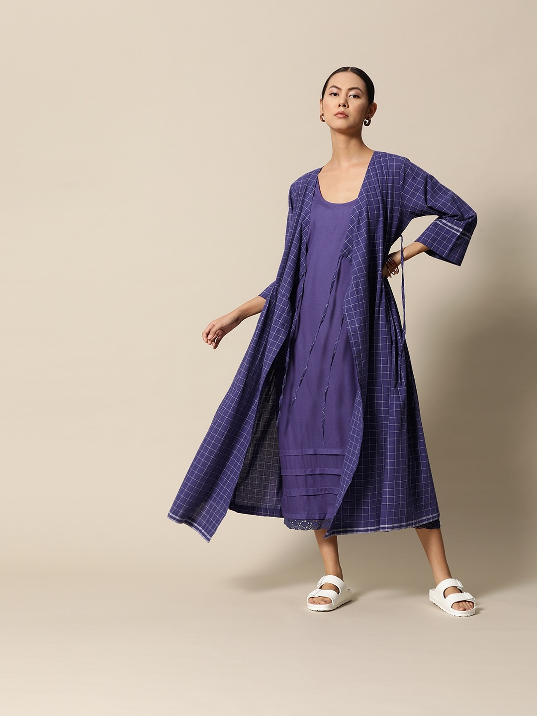 

BOWER Navy & White Checked Pure Cotton Midi Wrap Dress, Navy blue