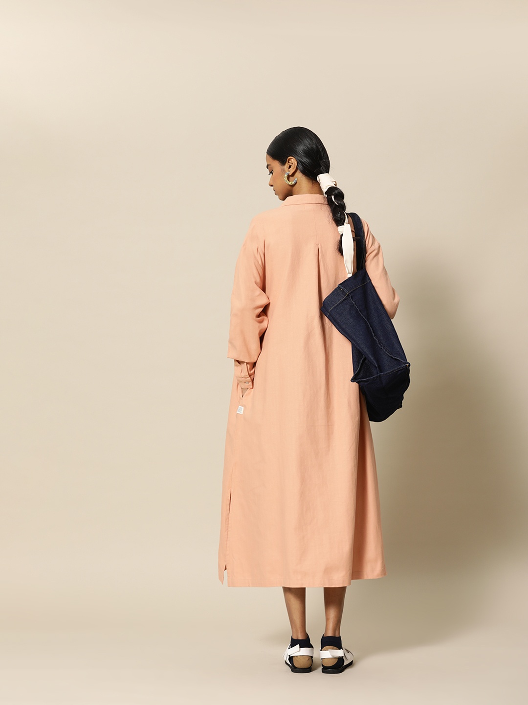 

BOWER Peach Solid Cotton Linen Shirt Dress with pocket
