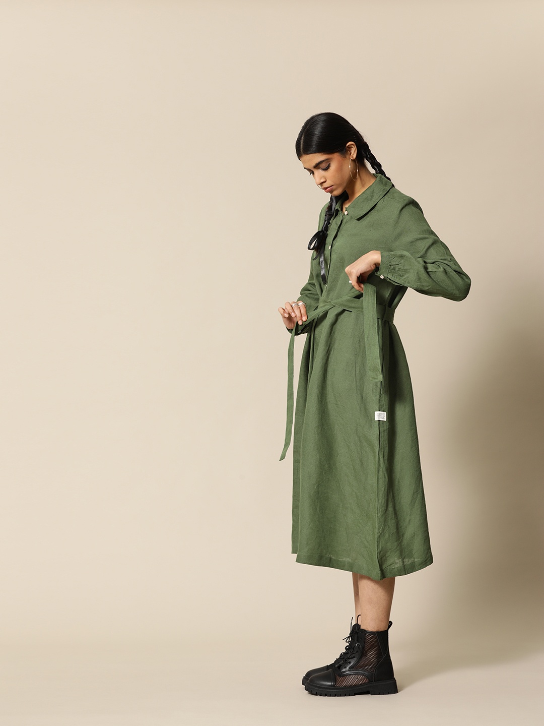 

BOWER Olive Green Pure Linen Midi Shirt Dress with Belt and Pockets