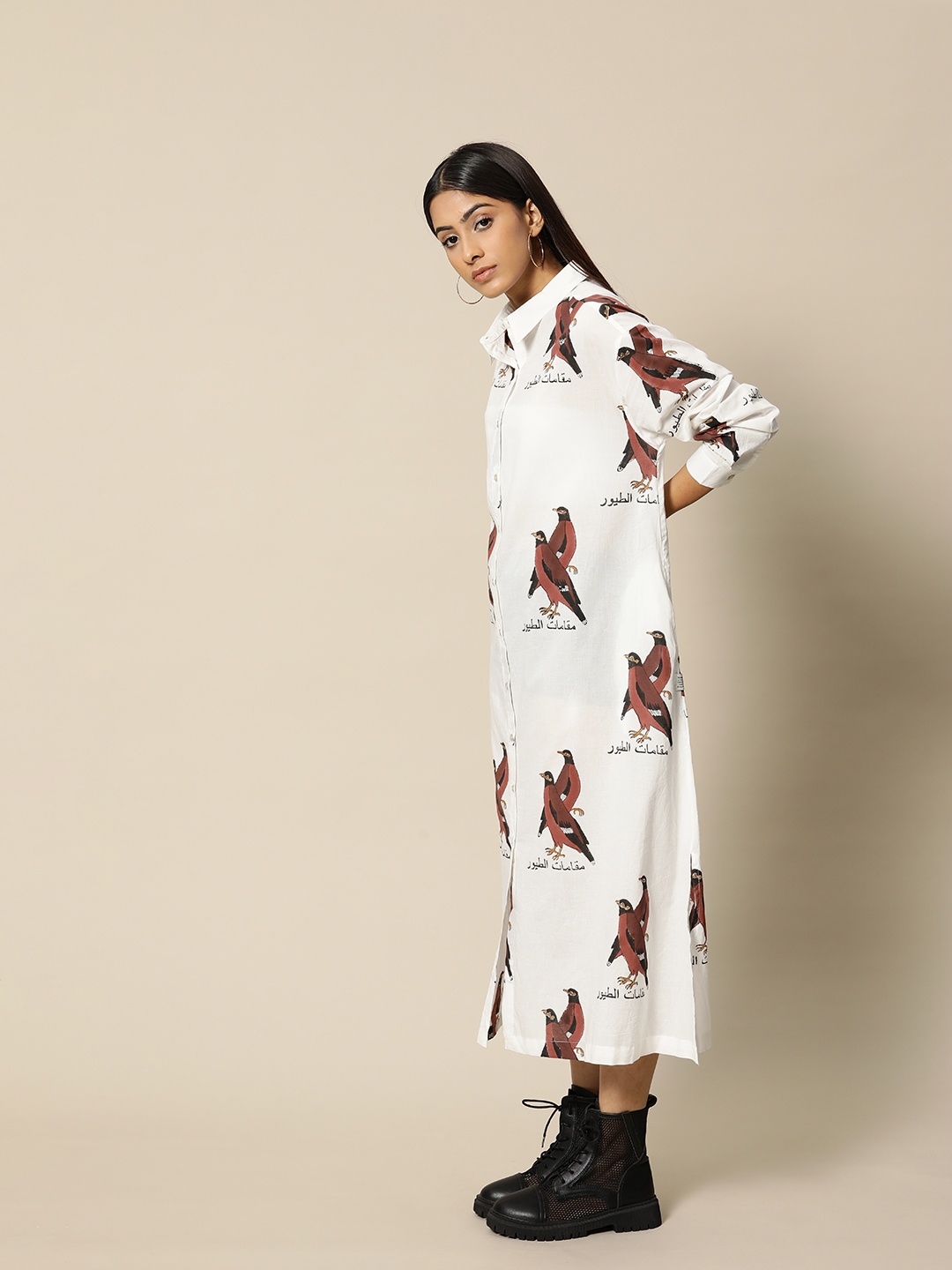 

BOWER White Block Printed Pure Cotton Printed Shirt Dress