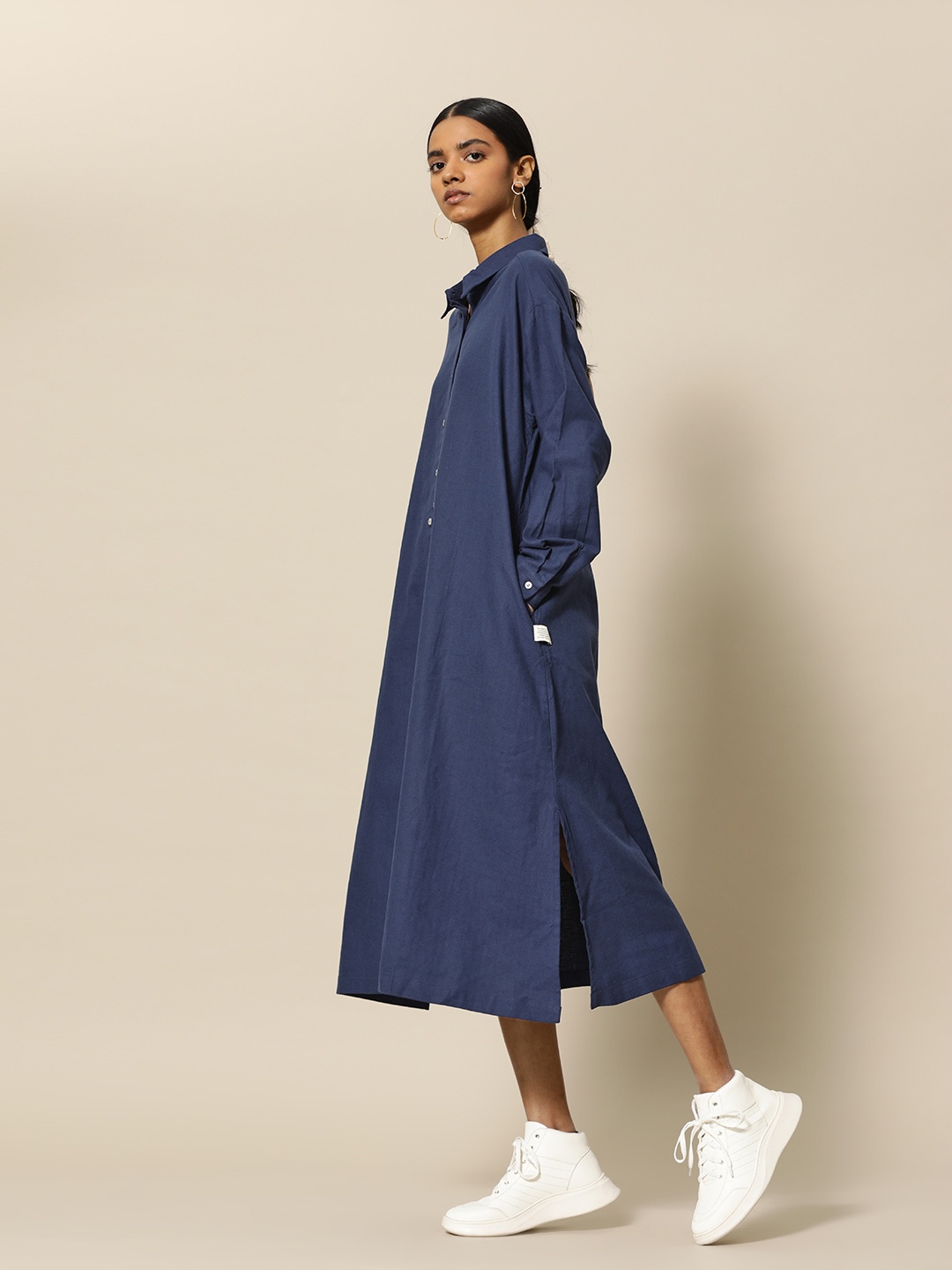 

BOWER Women Navy Solid Cotton Linen Shirt Dress with pocket, Navy blue