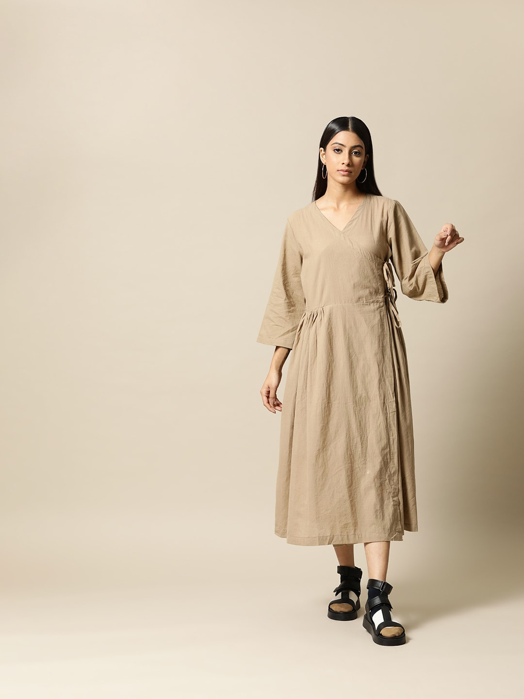 

BOWER Khaki Premium Cotton A-Line Midi Wrap Dress