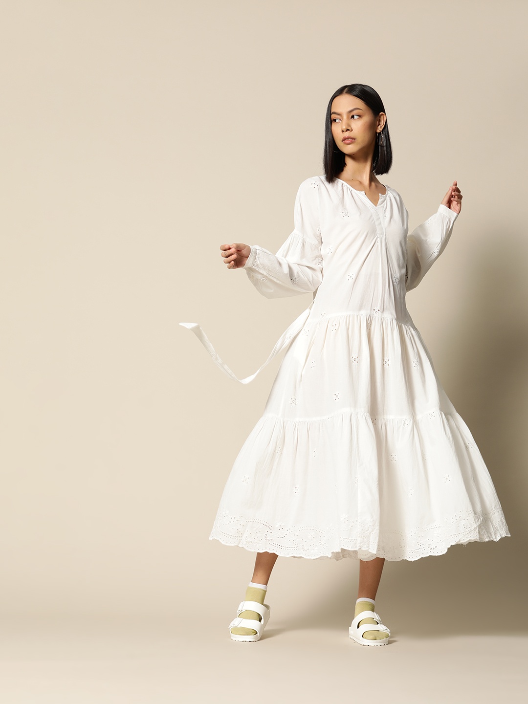 

BOWER White Schiffli Self Design Tiered Ethnic A-Line Midi Dress