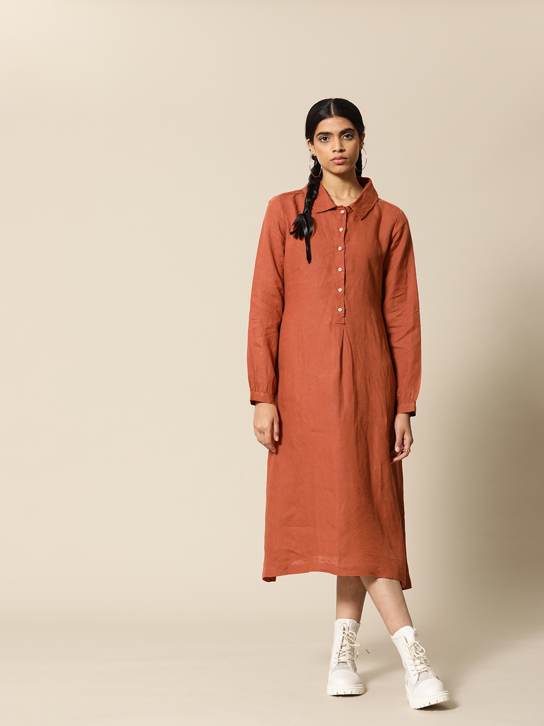 

BOWER Rust Orange Pure Linen Midi Shirt Dress with Belt and Pockets