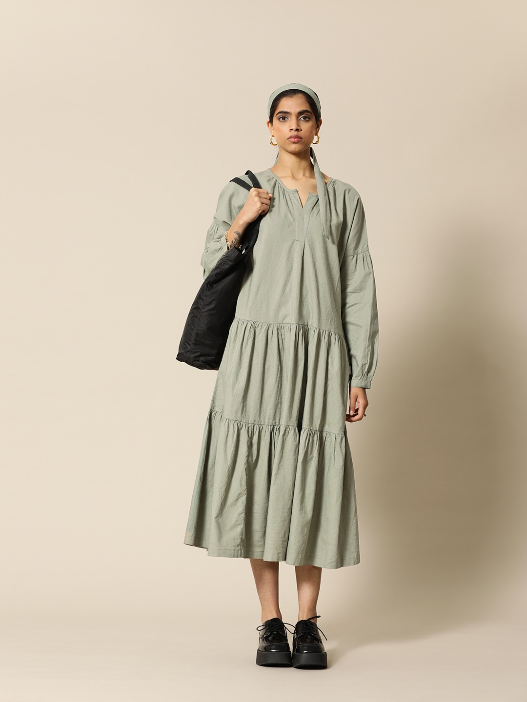

BOWER Sage Green Cotton Linen A-Line Midi Tiered Dress with Pockets and Belt
