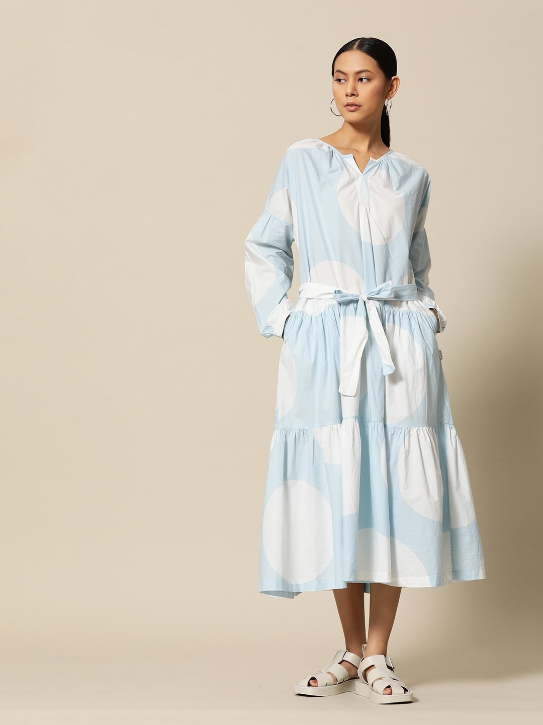 

BOWER Blue & White Pure Cotton A-Line Tiered Midi Dress
