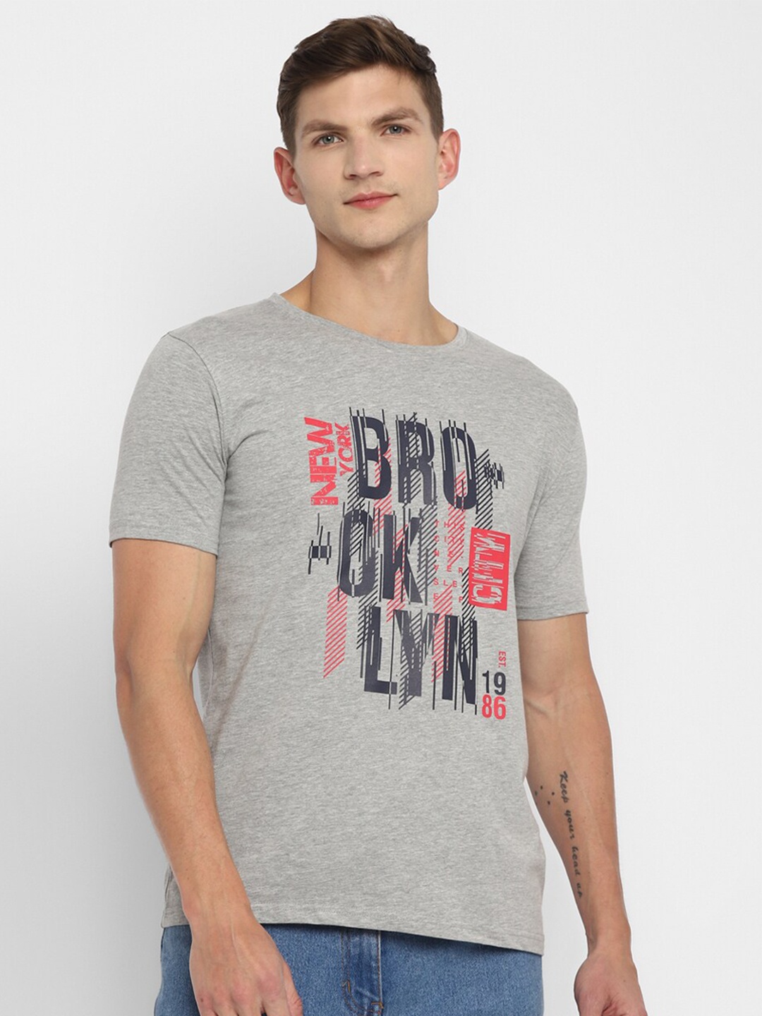 

appulse Men Grey Melange Cotton Typography Printed Regular Fit T-shirt