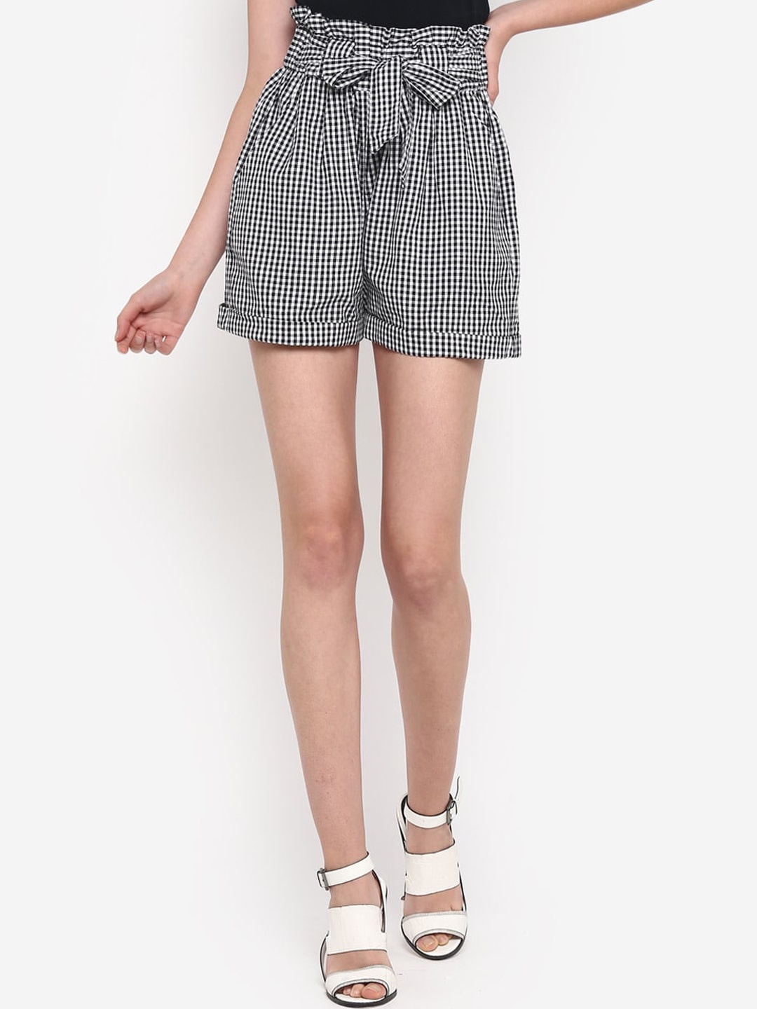 

Indietoga Women Black Cotton Checked High-Rise Plus Size Regular Fit Shorts
