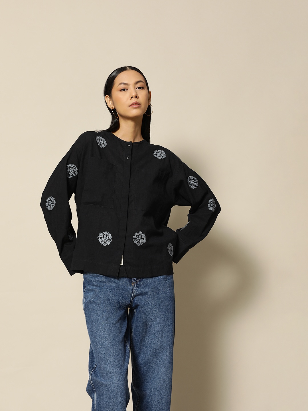 

BOWER Black & Grey Pure Cotton Floral Embroidered Shirt Style Top