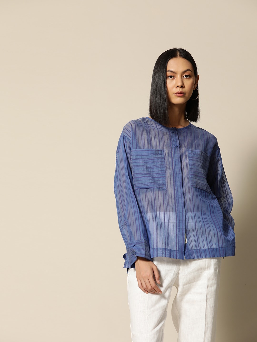 

BOWER Blue & Purple Striped Shirt Style Top