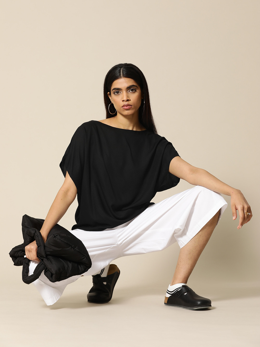 

BOWER Black Extended Sleeves Solid Sustainable Ecovero Top