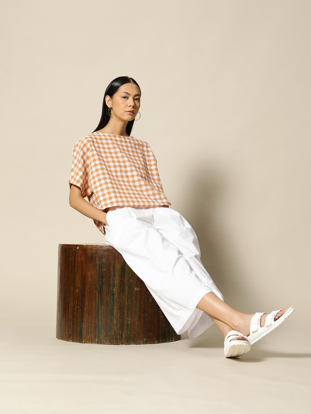 

BOWER Brown & White Checked Linen Cotton Top