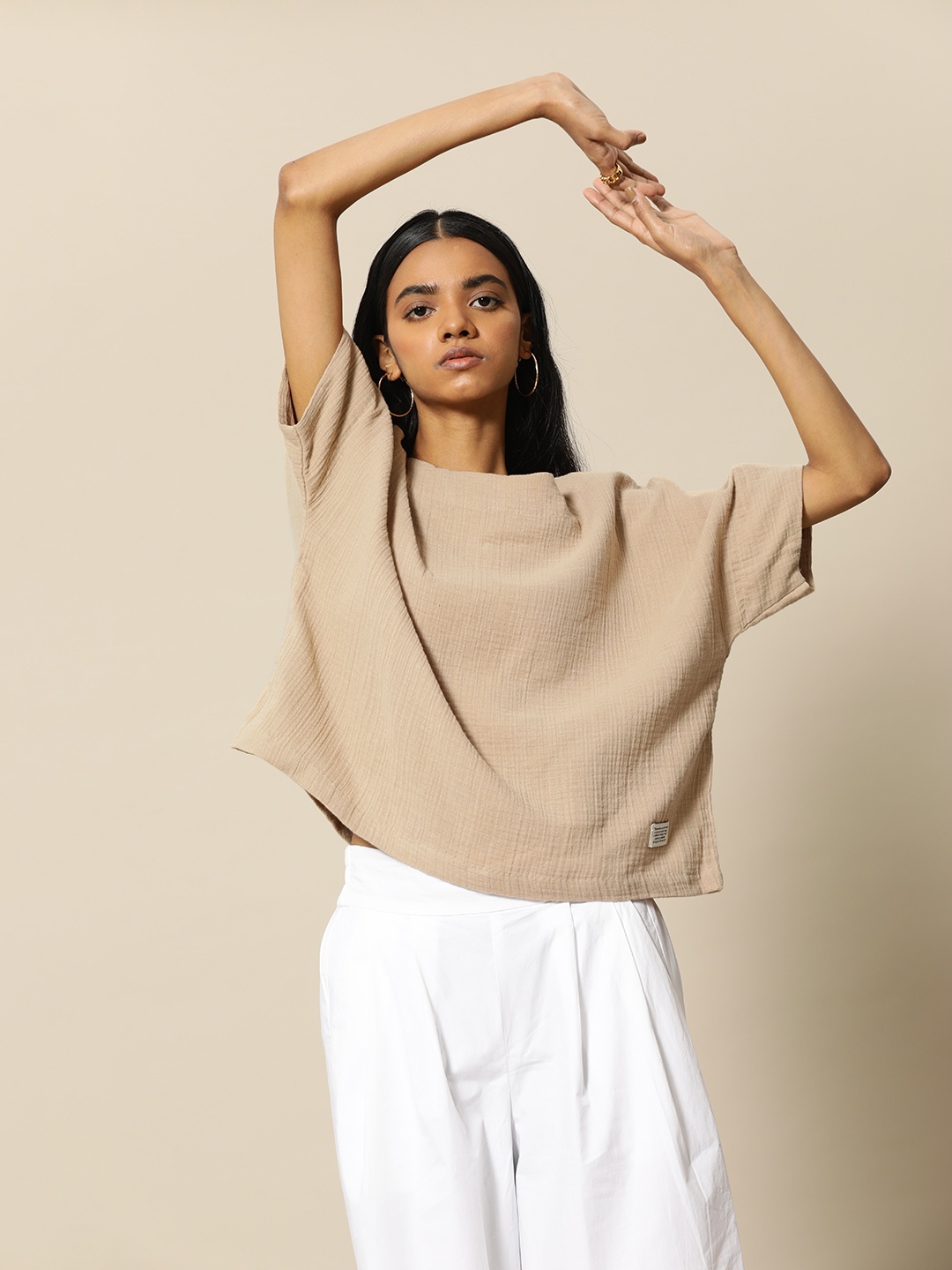 

BOWER Beige Extended Sleeves Solid Cotton Top