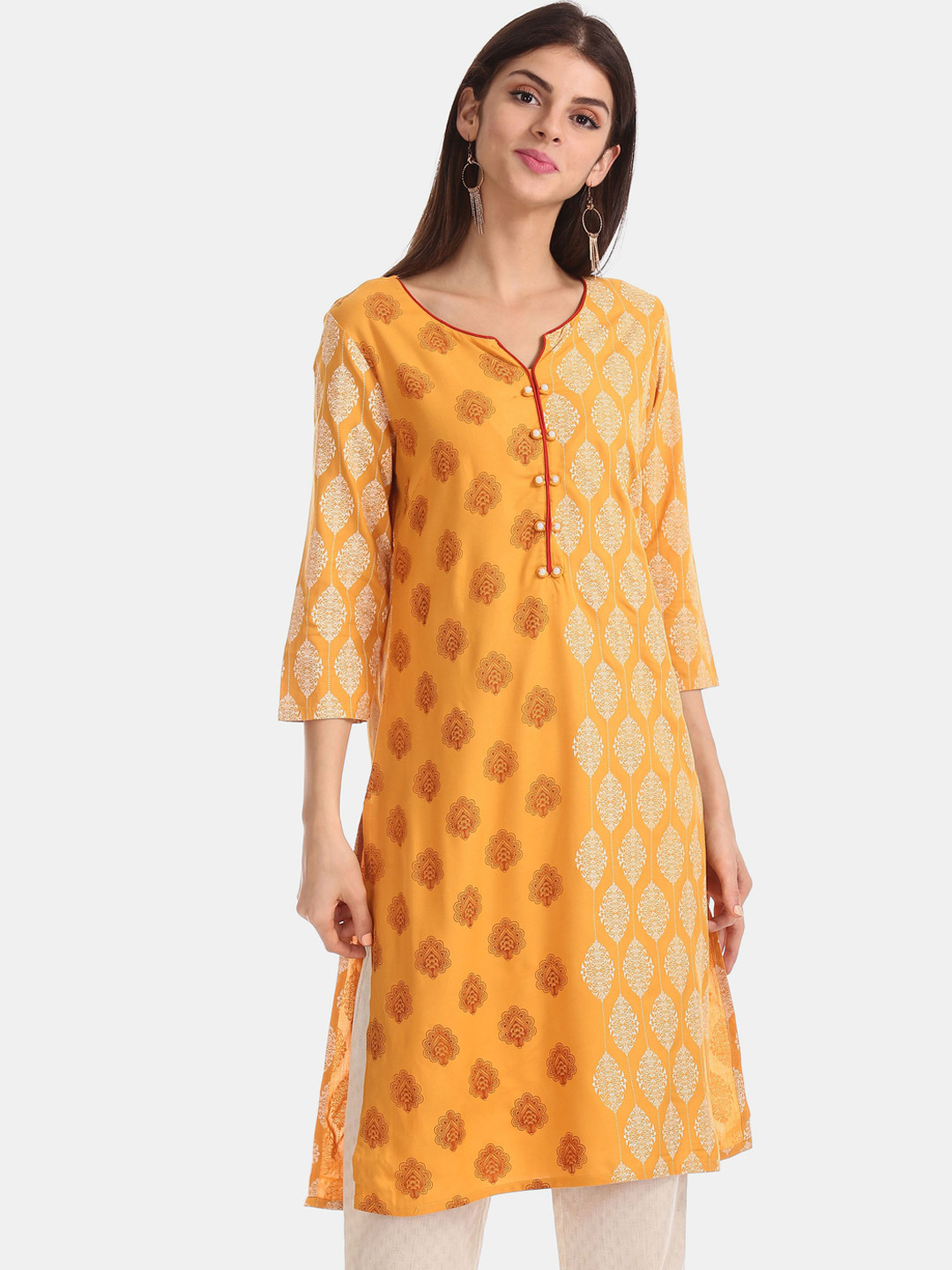 

Karigari Women Yellow & White Ethnic Motifs Printed Kurta