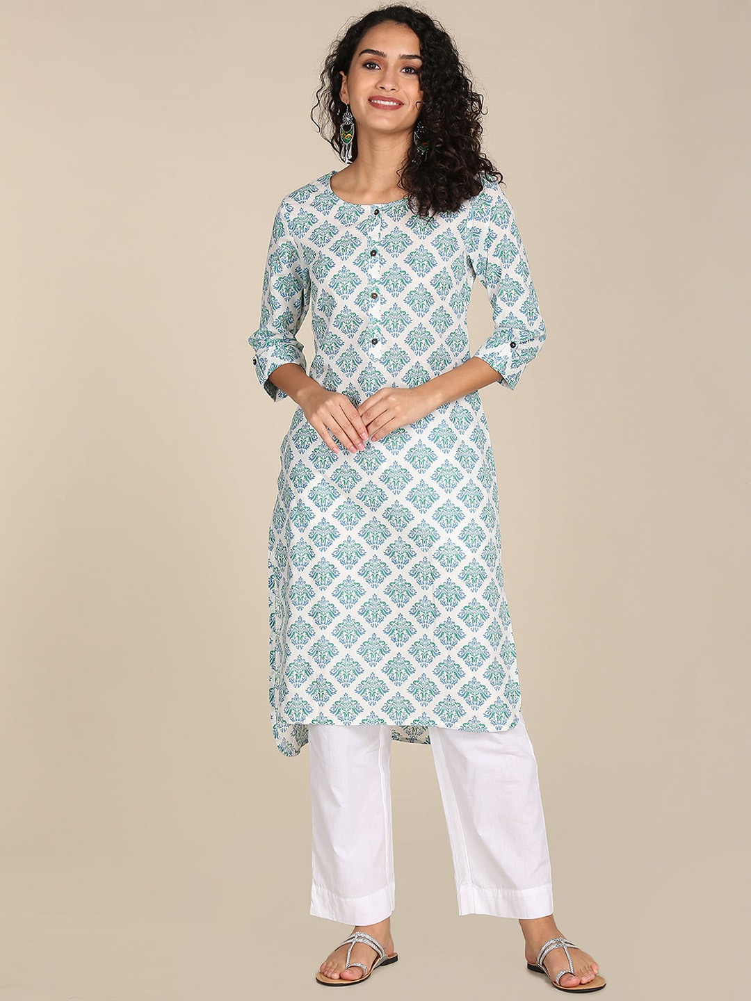 

Karigari Women White Ethnic Motifs Printed Pure Cotton Straight Kurta
