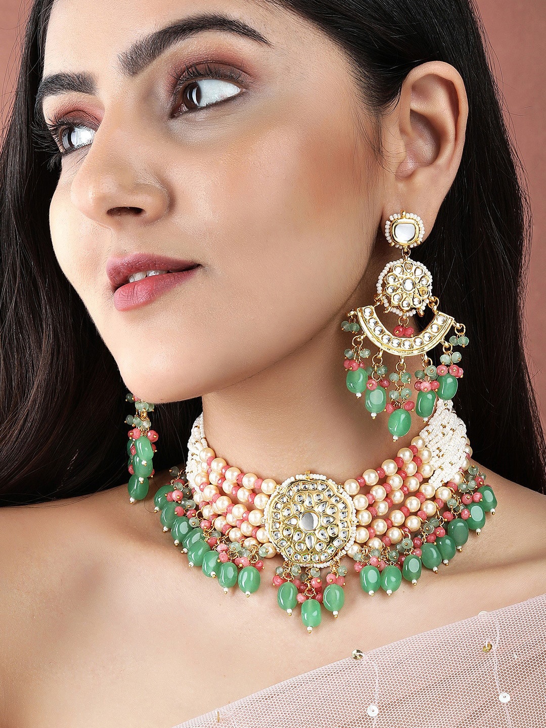 

Rubans Gold-Plated & Green Studded Jewellery Set