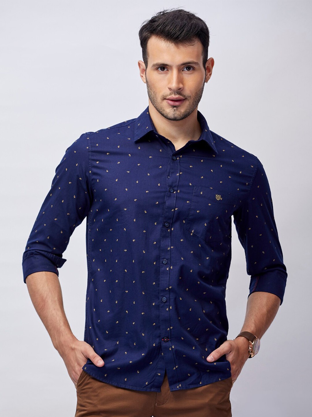 

J Hampstead Men Navy Blue Classic Slim Fit Printed Cotton Formal Shirt