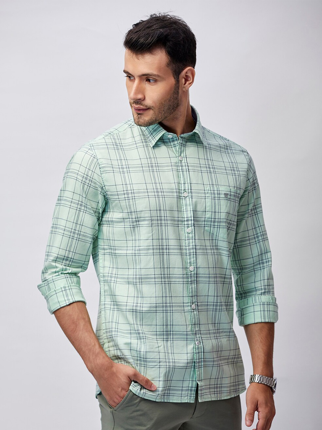 

J Hampstead Men Green Classic Slim Fit Tartan Checks Checked Casual Shirt