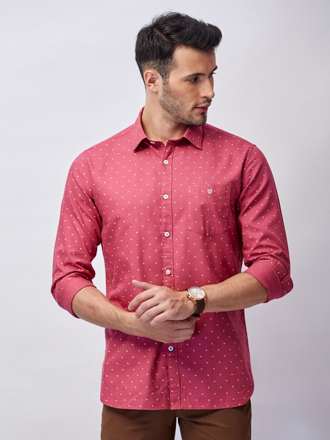 

J Hampstead Men Rust Slim Fit Printed Classic Cotton Casual Shirt