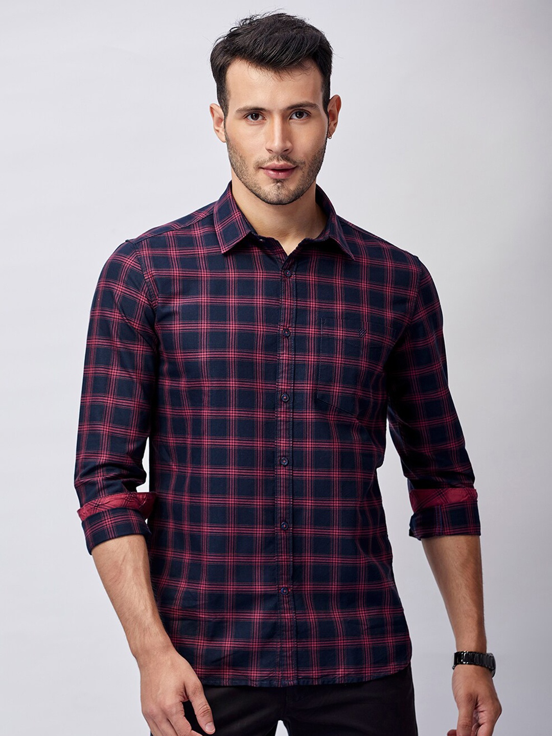 

J Hampstead Men Black Classic Slim Fit Buffalo Checks Checked Casual Shirt