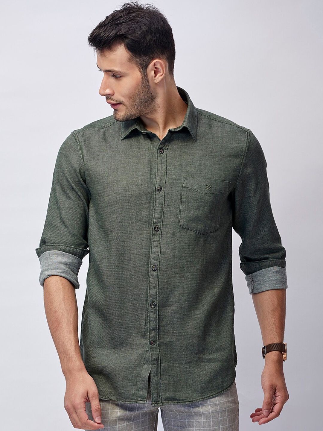 

J Hampstead Men Olive Green Classic Slim Fit Cotton Formal Shirt